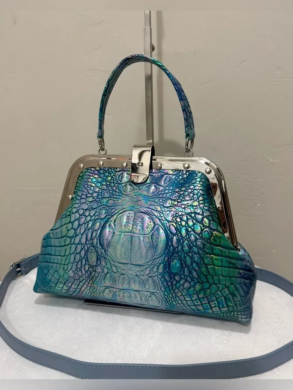 Iridescent Croc-Embossed Cowhide Handmade Unique Rivet Frame Bag, Large Size